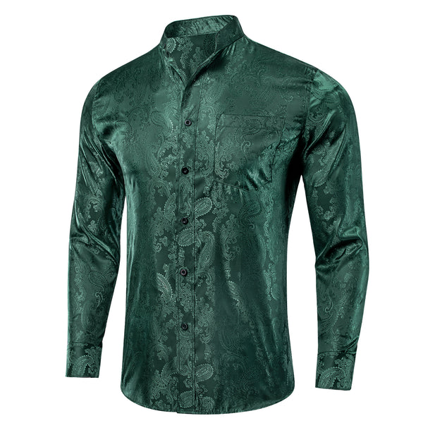 Dark Green Paisley Silk Men's Long Sleeve Collarless Shirt