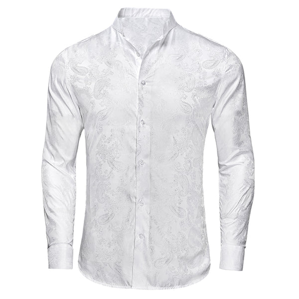 Ties2you Button Down Shirt Collarless Pure White Paisley Silk Men's Long Sleeve Shirt