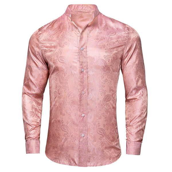 Pink Paisley Silk Men's Long Sleeve Collarless Shirt