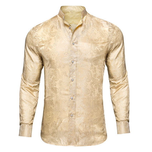 Light Yellow Paisley Silk Men's Long Sleeve Collarless Shirt