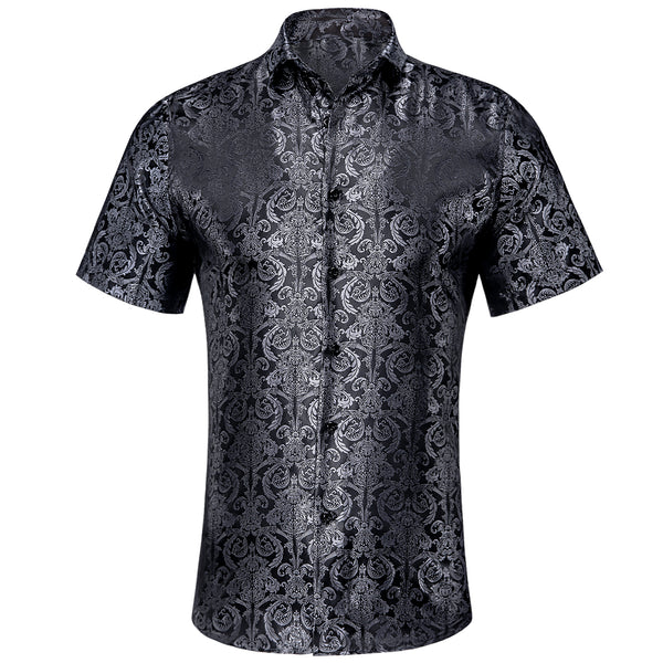 New Silver Black Floral Silk Men's Short Sleeve Shirt