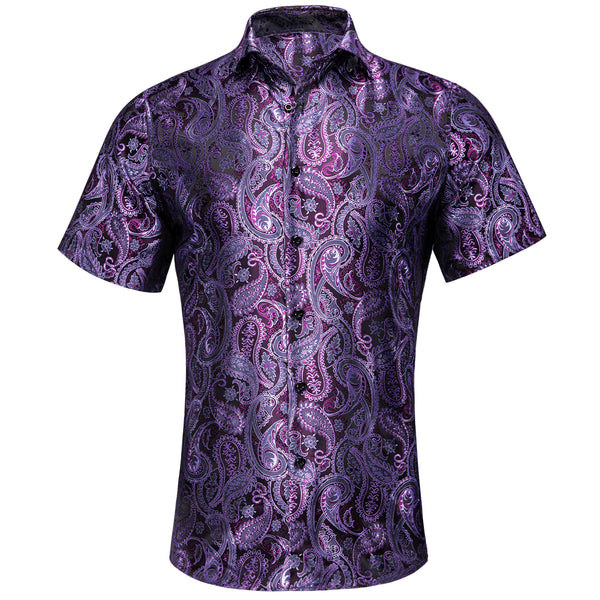 New Purple Paisley Silk Men's Short Sleeve Shirt