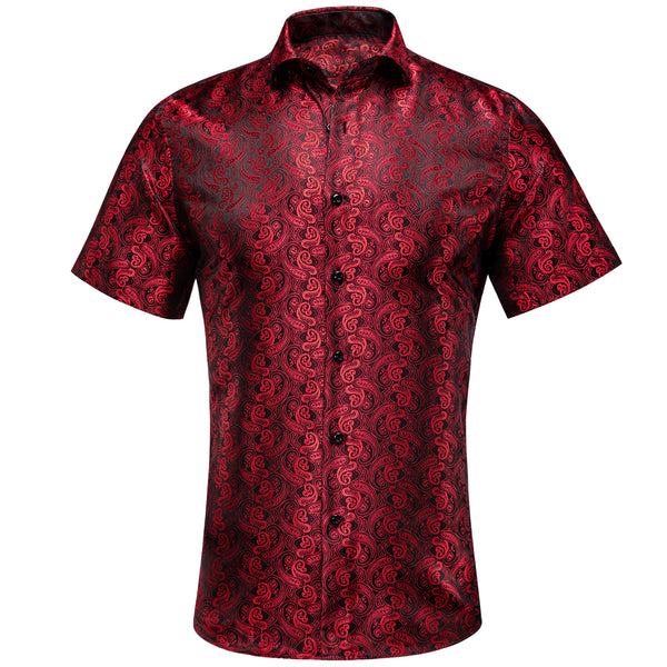 Red Black Paisley Silk Men's Short Sleeve Shirt