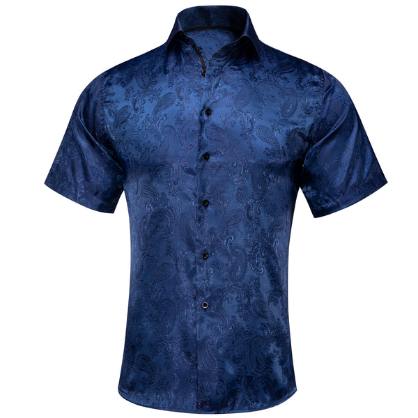 Pure Dark Blue Paisley Silk Men's Short Sleeve Shirt