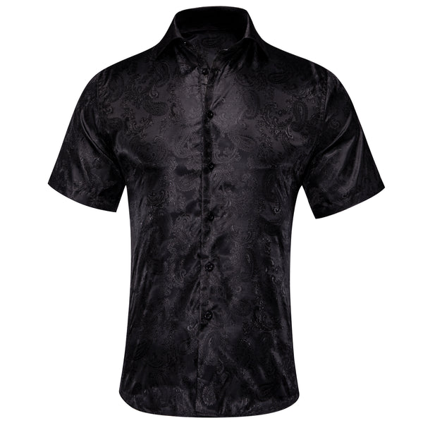 Pure Black Paisley Silk Men's Short Sleeve Shirt