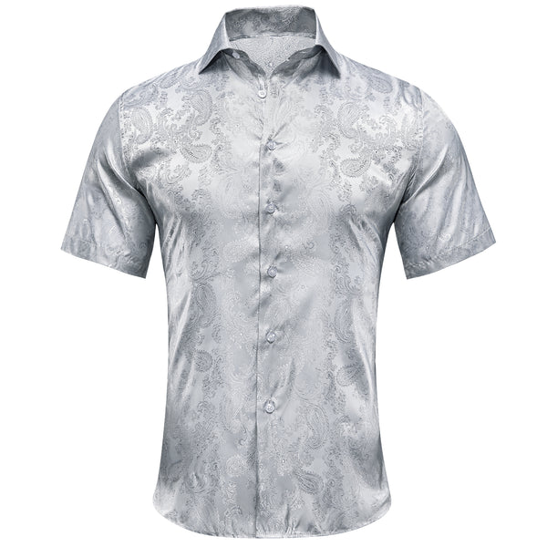 New Grey Paisley Silk Men's Short Sleeve Shirt
