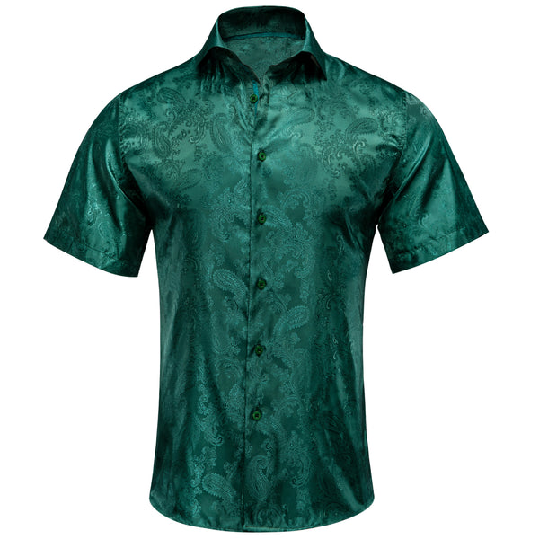 New Dark Green Paisley Silk Men's Short Sleeve Shirt