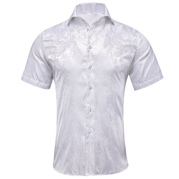 New Pure White Paisley Silk Men's Short Sleeve Shirt