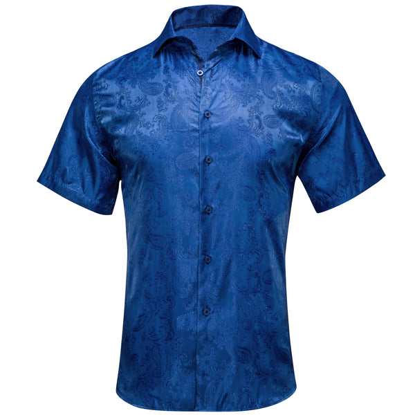 New Navy Blue Paisley Silk Men's Short Sleeve Shirt