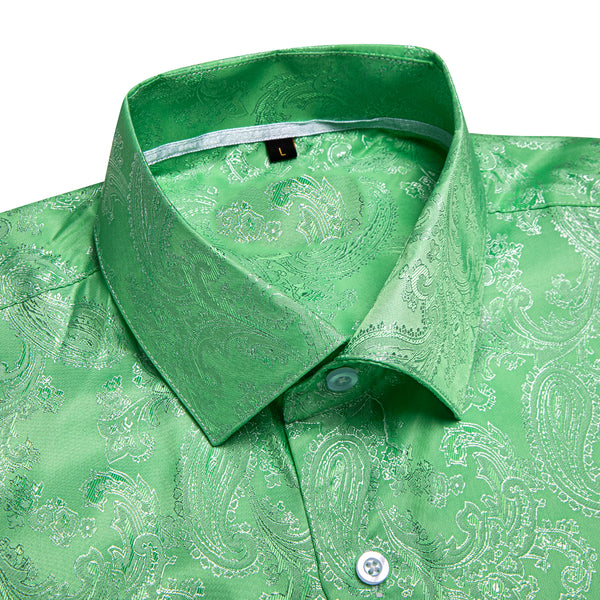 New Fluorescent Green Paisley Silk Men's Short Sleeve Shirt