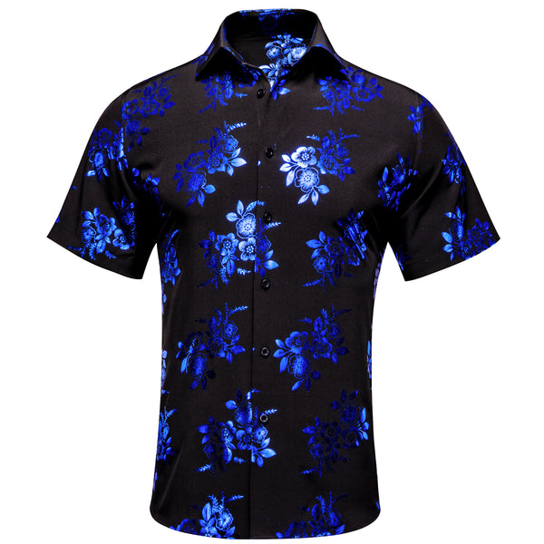 Black Shirt with Blue Floral Silk Men's Short Sleeve Shirt