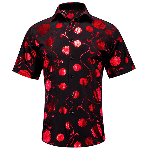 Black Shirt with Red Chrysanthemum Floral Silk Men's Short Sleeve Shirt