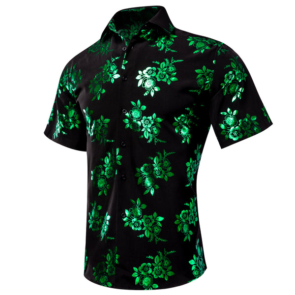 Black Shirt with Green Floral Silk Men's Short Sleeve Shirt