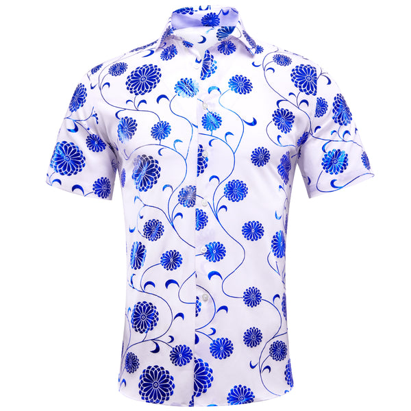 White Shirt with Blue Floral Silk Men's Short Sleeve Shirt