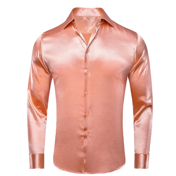 New Pink Solid Silk Men's Long Sleeve Shirt