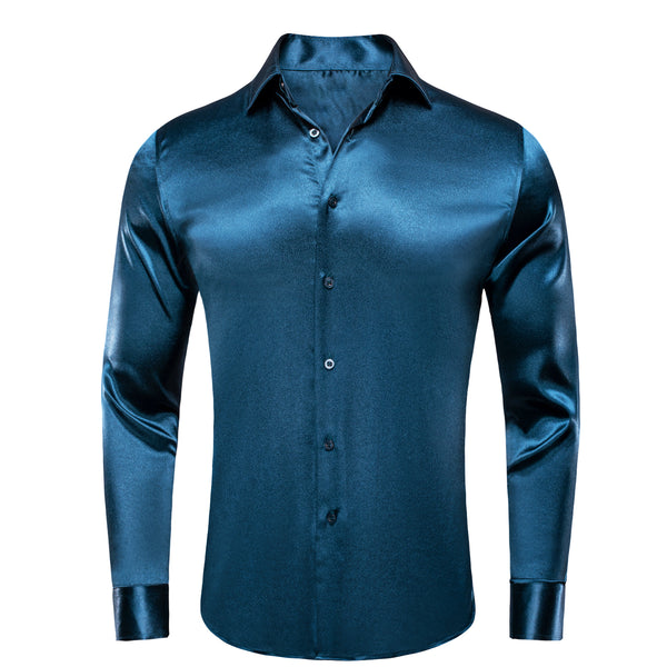 Classic Royal Blue Solid Silk Men's Long Sleeve Shirt