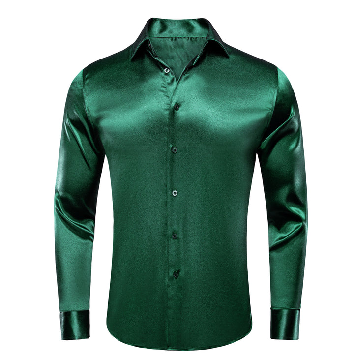 Button Down Shirt Shiny Dark Green Solid Silk Men's Long Sleeve Shirt for mens suit dress