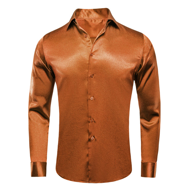 Ties2you Men's Shirt Orange Copper Solid Silk Long Sleeve Shirt