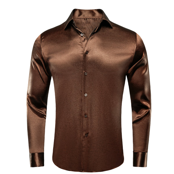 Chocolate Brown Solid Silk Men's Long Sleeve Shirt