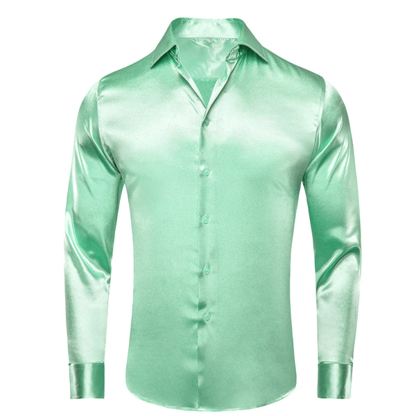 Mint Green Solid Silk Men's Long Sleeve Shirt