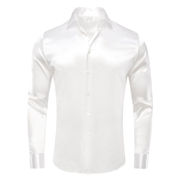 Pure White Solid Silk Men's Long Sleeve Shirt