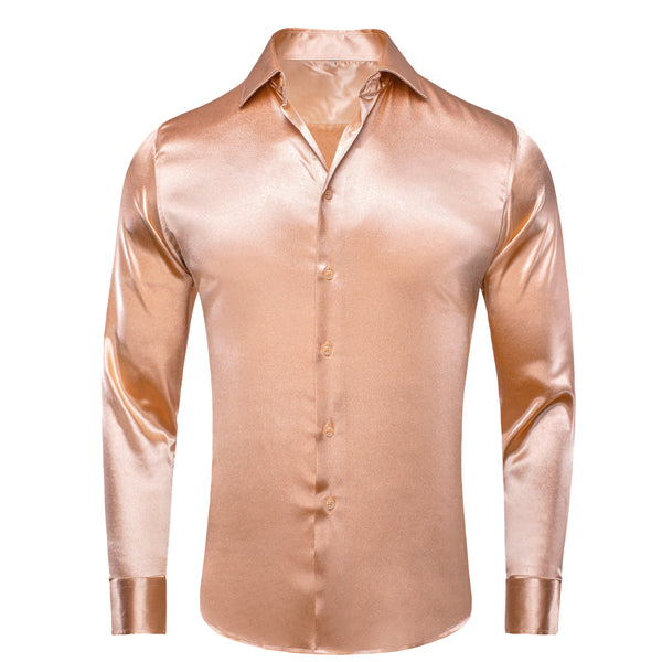 Flesh Pink Solid Silk Men's Long Sleeve Shirt