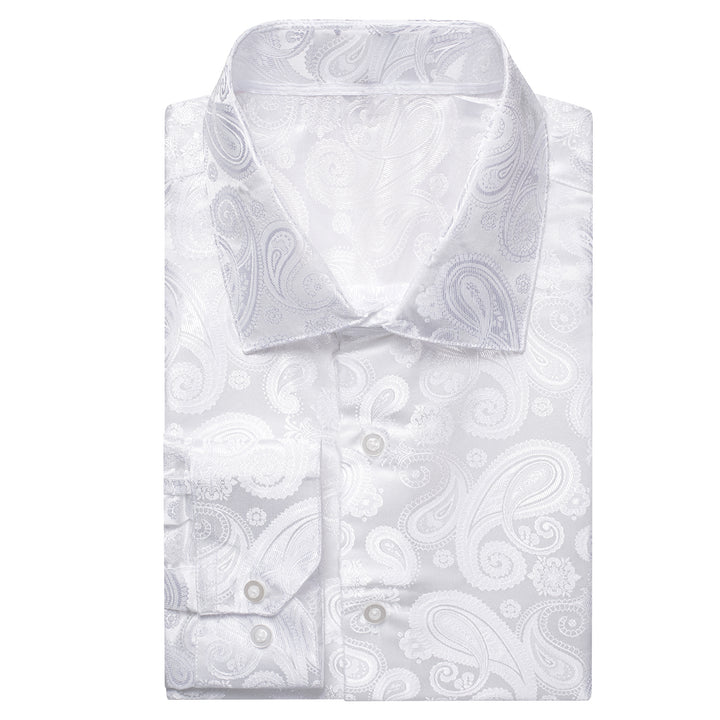 Pure White Paisley Silk Men's nice button up shirts