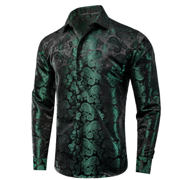 Luxury Dark Green Paisley Pattern Silk Men's Long Sleeve Shirt