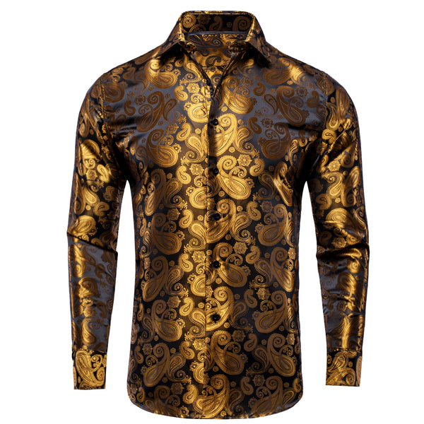 Luxury Golden Brown Paisley Pattern Silk Men's Long Sleeve Shirt
