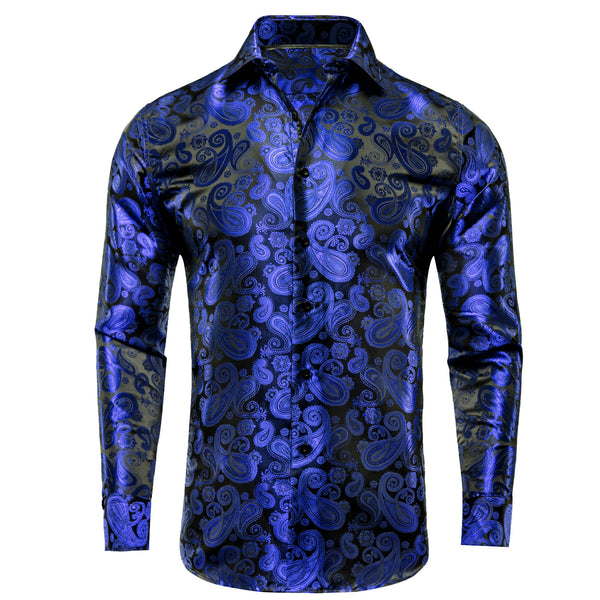 Luxury Royal Blue Paisley Pattern Silk Men's Long Sleeve Shirt