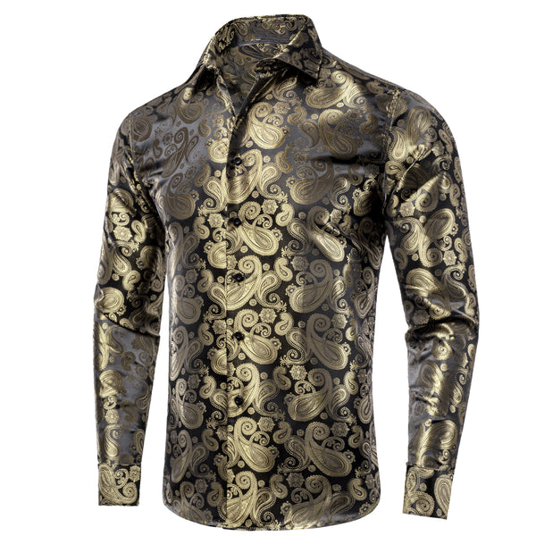 Luxury Champagne Brown Paisley Pattern Silk Men's Long Sleeve Shirt