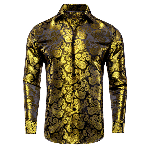 Luxury Yellow Brown Paisley Pattern Silk Men's Long Sleeve Shirt