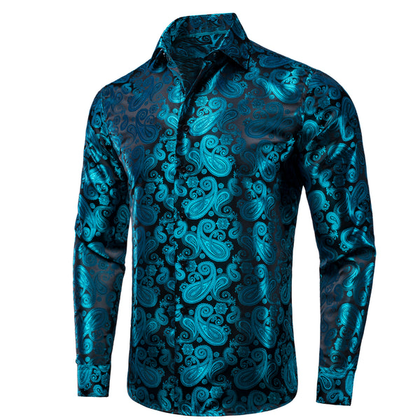 Lake Blue Paisley Pattern Silk Men's Long Sleeve Shirt