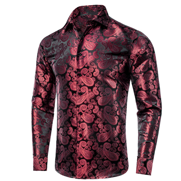 Dark Red Paisley Pattern Silk Men's Long Sleeve Shirt