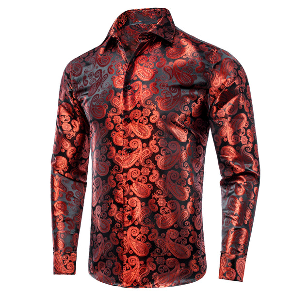 Luxury Classic Red Paisley Pattern Silk Men's Long Sleeve Shirt