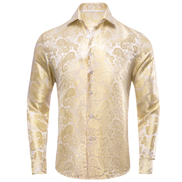 Champagne Beige Paisley Pattern Silk Men's Long Sleeve Shirt