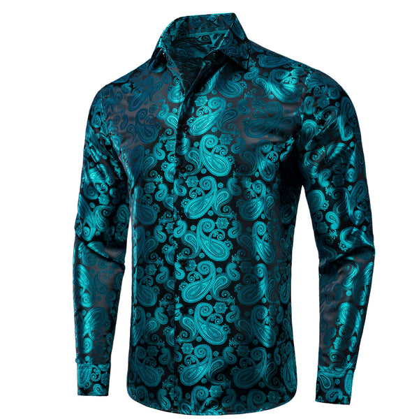 Luxury Lake Blue Paisley Pattern Silk Men's Long Sleeve Shirt