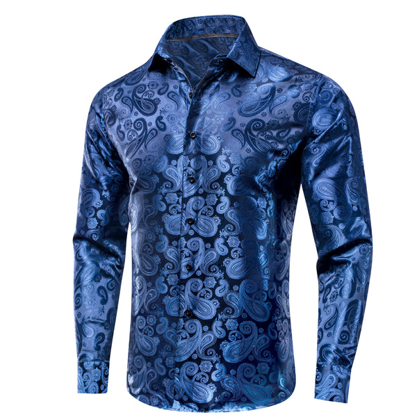 Classic Blue Paisley Pattern Silk Men's Long Sleeve Shirt