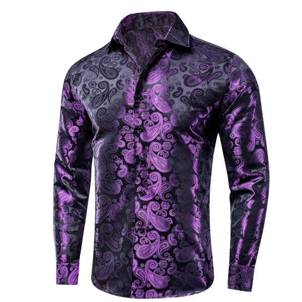 Luxury Purple Paisley Pattern Silk Men's Long Sleeve Shirt