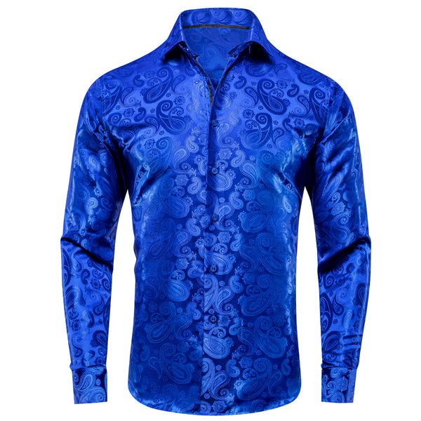 Royal Blue Paisley Pattern Silk Men's Long Sleeve Shirt