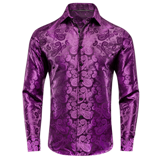Purple Paisley Pattern Silk Men's Long Sleeve Shirt