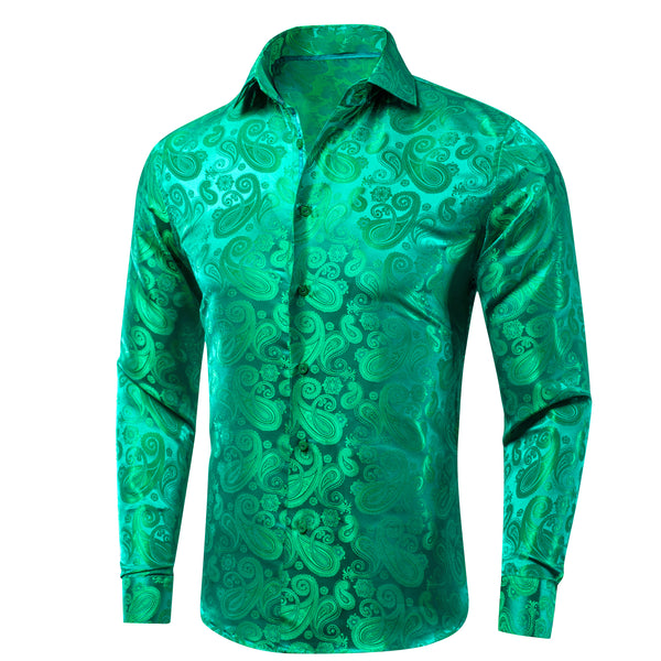 Green Paisley Pattern Silk Men's Long Sleeve Shirt