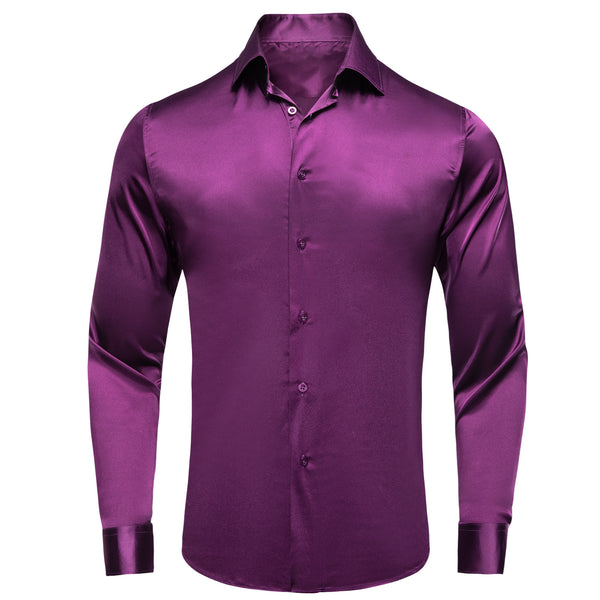 Dark Purple Solid Satin Men's Long Sleeve Shirt