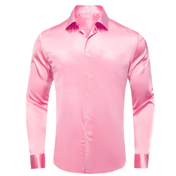 Pink Solid Satin Men's Long Sleeve Shirt