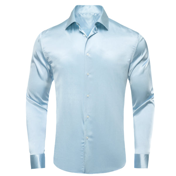 Ties2you Button Down Shirt Light Blue Solid Satin Men's Long Sleeve Shirt