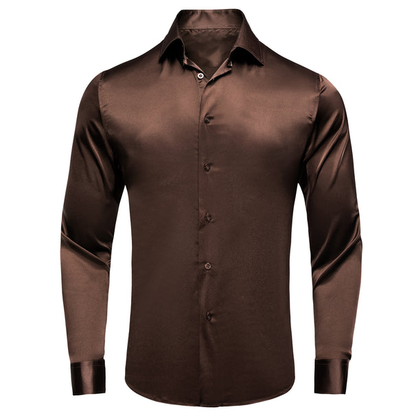 Deep Brown Solid Satin Men's Long Sleeve Shirt