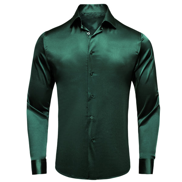 Emerald Green Solid Satin Men's Long Sleeve Shirt