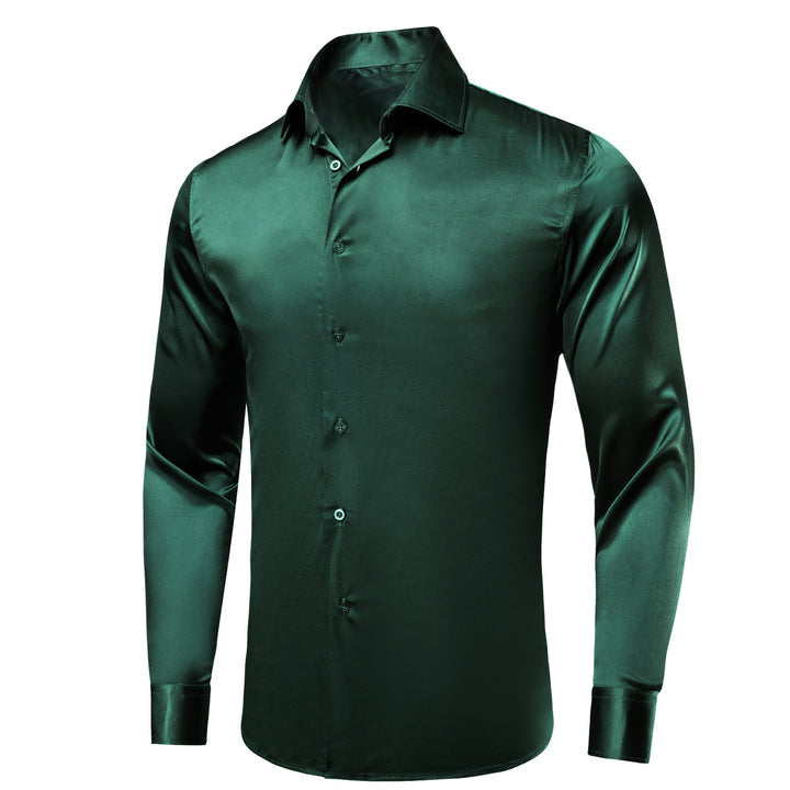 Button Down Shirt Emerald Green Solid Satin Men's Long Sleeve Shirt