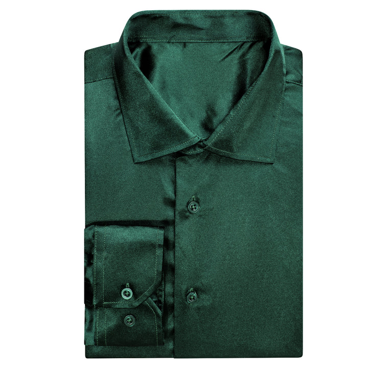 Button Down Shirt Emerald Green Solid Satin Men's Long Sleeve Shirt