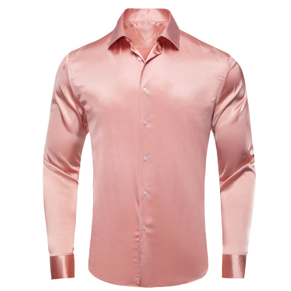 Coral Pink Solid Satin Men's Long Sleeve Shirt